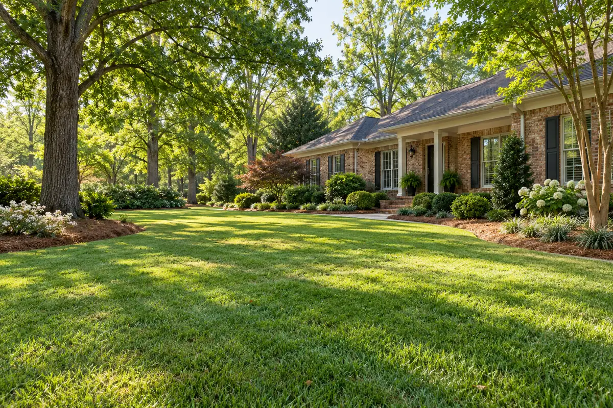 Illustrative residential lawn with brick home and established landscaping