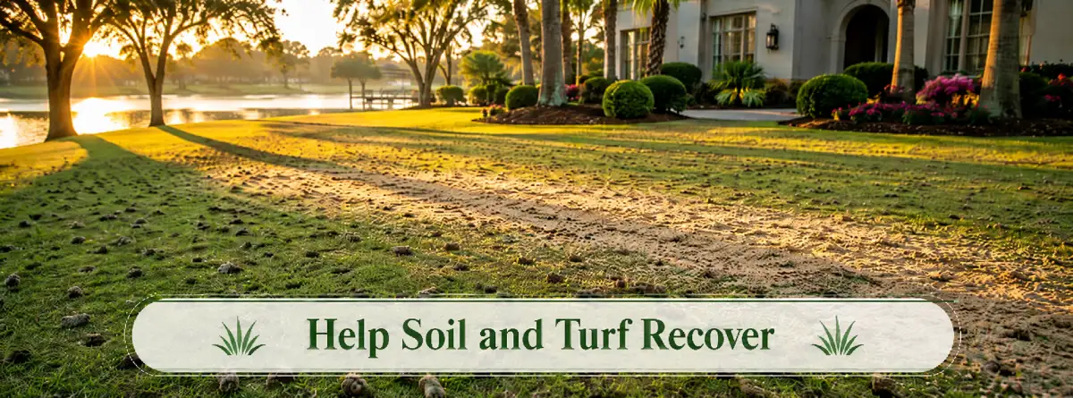 Core aeration and light topdressing supporting recovery of a South Carolina lawn