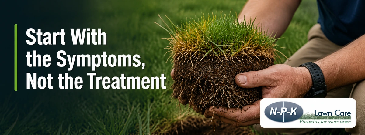 Close inspection of grass symptoms, roots and soil before lawn treatment