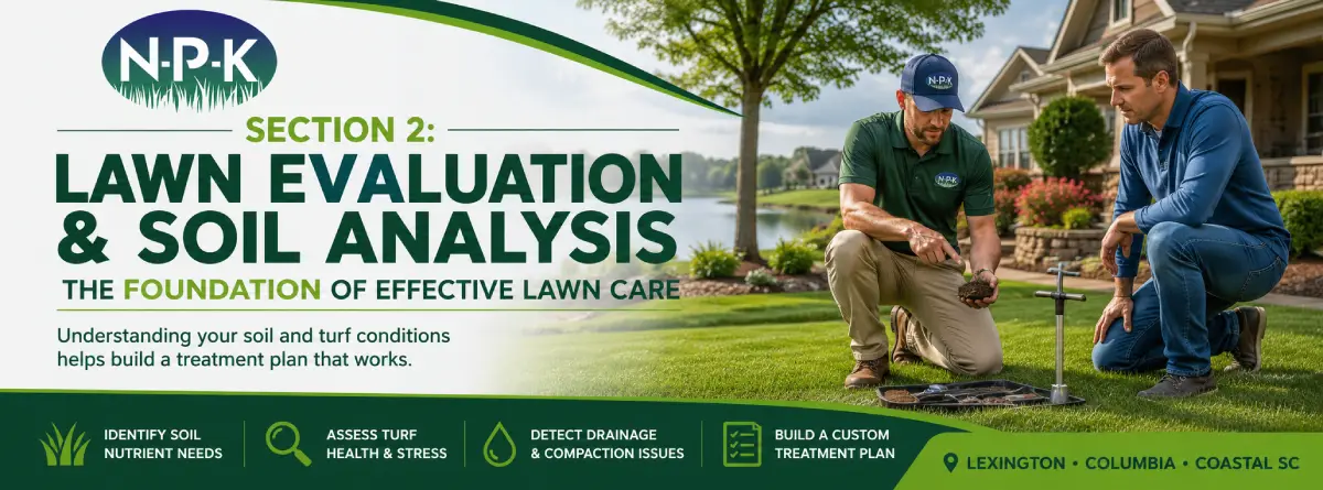 Lawn care professional evaluating turf and soil conditions at a South Carolina home