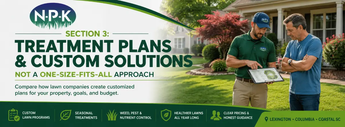 Homeowner reviewing a customized lawn treatment plan with a local lawn care professional