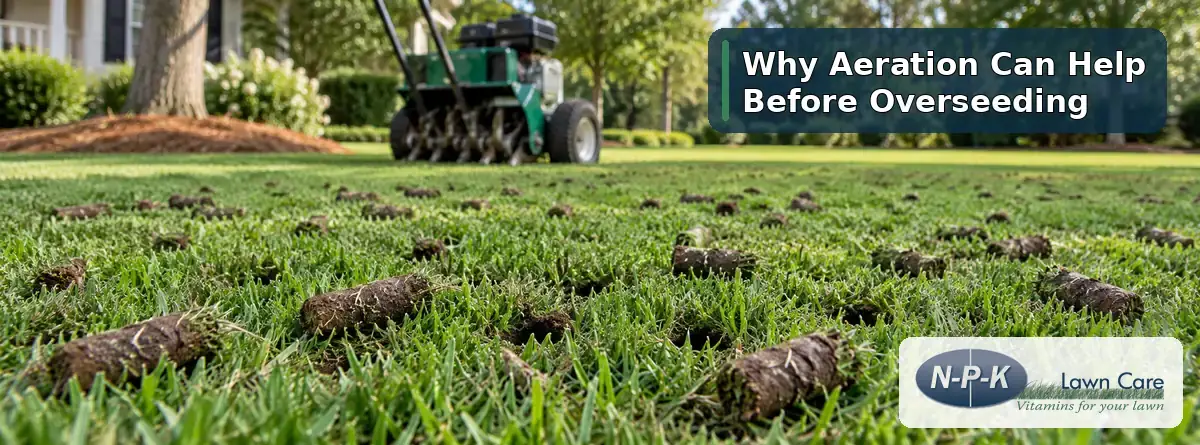 Core aeration plugs across a green lawn after aeration